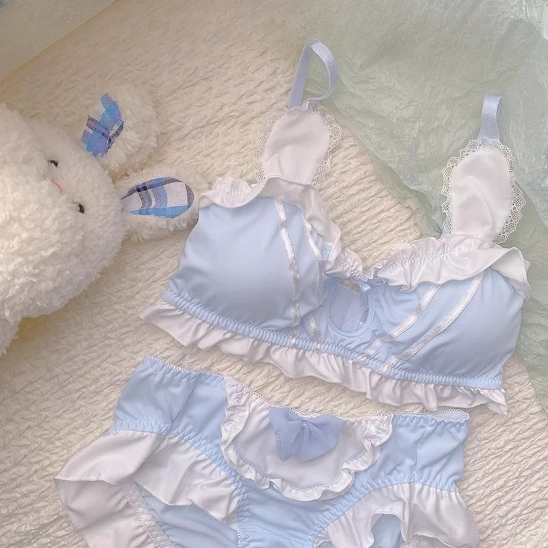 MOYISU Kawaii Lolita Bra Set, Bunny Ear Cutout No Wire Bralette Soft Sweetheart Lingerie Small Bust Pure Sexy Japanese Ya Ma Die