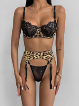 Krasapt Sexy Leopard Printing Lace Patchwork Women Lingerie 3Pcs Sets Romantic Mesh Perspective Intimates Underwear Erotic Set