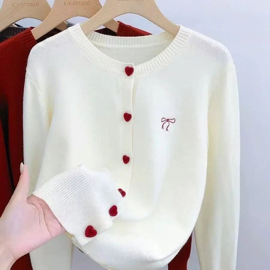 2026 Women Knitted Cardigan Bow Embroidery O-Neck Single Breasted Heart-shaped Button Sweater Korean Casual Solid Knitting Tops