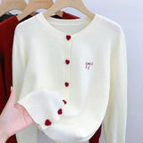 2026 Women Knitted Cardigan Bow Embroidery O-Neck Single Breasted Heart-shaped Button Sweater Korean Casual Solid Knitting Tops
