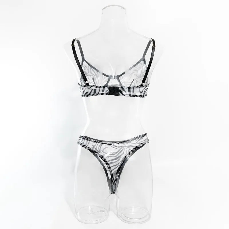 Toucheart 2-Piece Sexy Leopard Print Lingerie Set Bra Women Hollow Sexy Lingerie Thin Mesh Patchwork Print See-Through Sexy Set