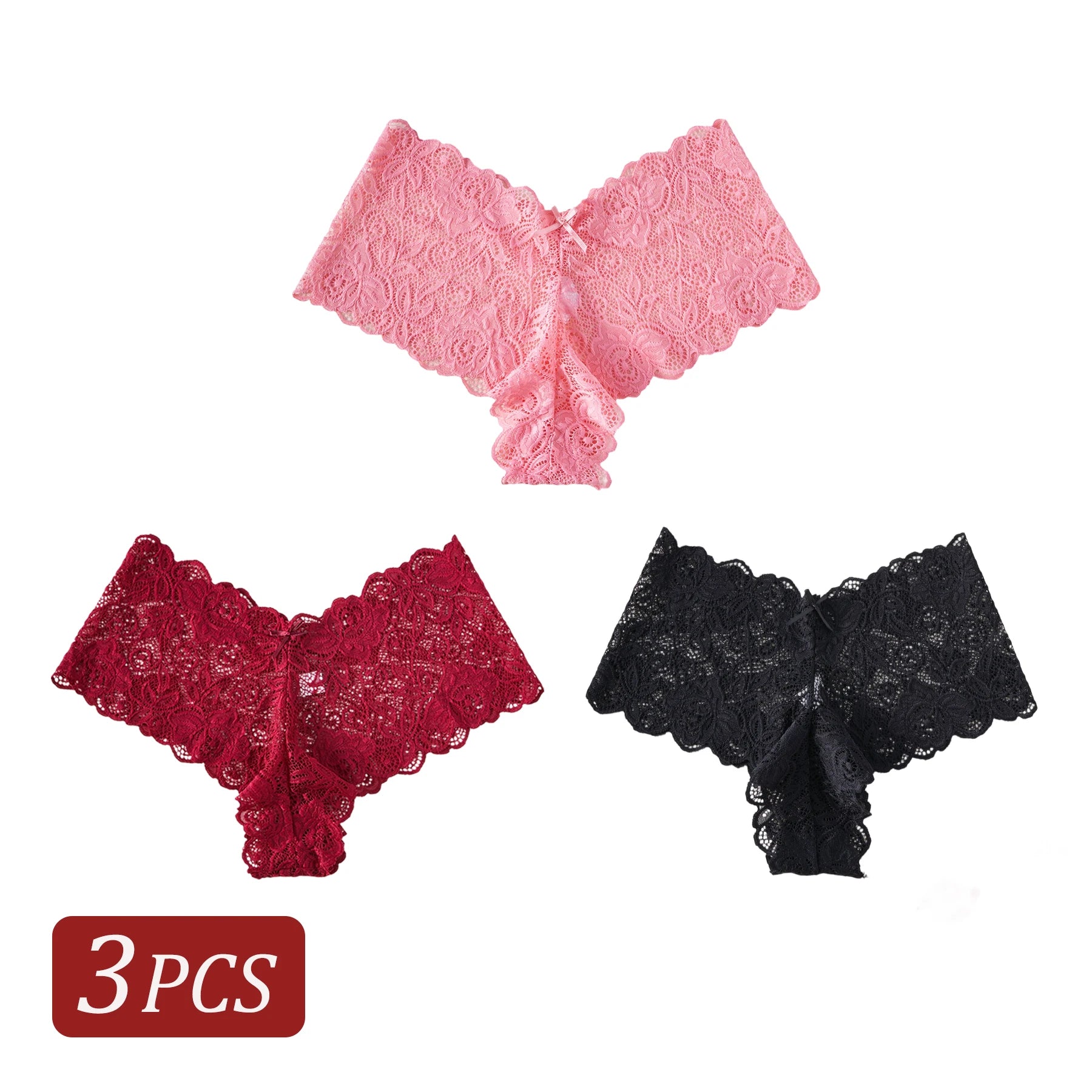 3PCS Elegant Women's Underwear V-shaped Waist Lace Floral Embroidery Panties Semi-Sheer Sexy Briefs Solid Color Lingerie