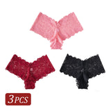 3PCS Elegant Women's Underwear V-shaped Waist Lace Floral Embroidery Panties Semi-Sheer Sexy Briefs Solid Color Lingerie