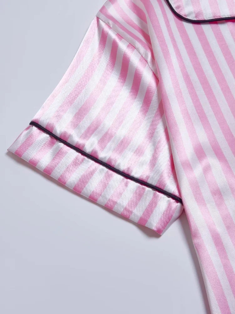 Striped Embroidered Letter Pocket Short Sleeve And Shorts Pajama Set Casual Satin Sleepwear Lapel Collar Classic Print