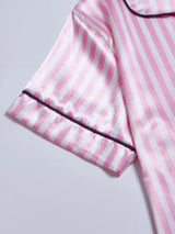Striped Embroidered Letter Pocket Short Sleeve And Shorts Pajama Set Casual Satin Sleepwear Lapel Collar Classic Print