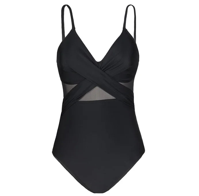 Contrast Mesh One Piece Swimsuit, V Neck Solid Color Backless Tummy Control High Cut Bathing Suit, Women's Swimwear & Clothing