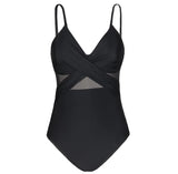 Contrast Mesh One Piece Swimsuit, V Neck Solid Color Backless Tummy Control High Cut Bathing Suit, Women's Swimwear & Clothing