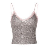 Hugcitar Leopard Print Slips Bows Patchwork Lace Sexy Slim Crop Camis Top Summer Fashion Women Y2K Outfits Festival Party