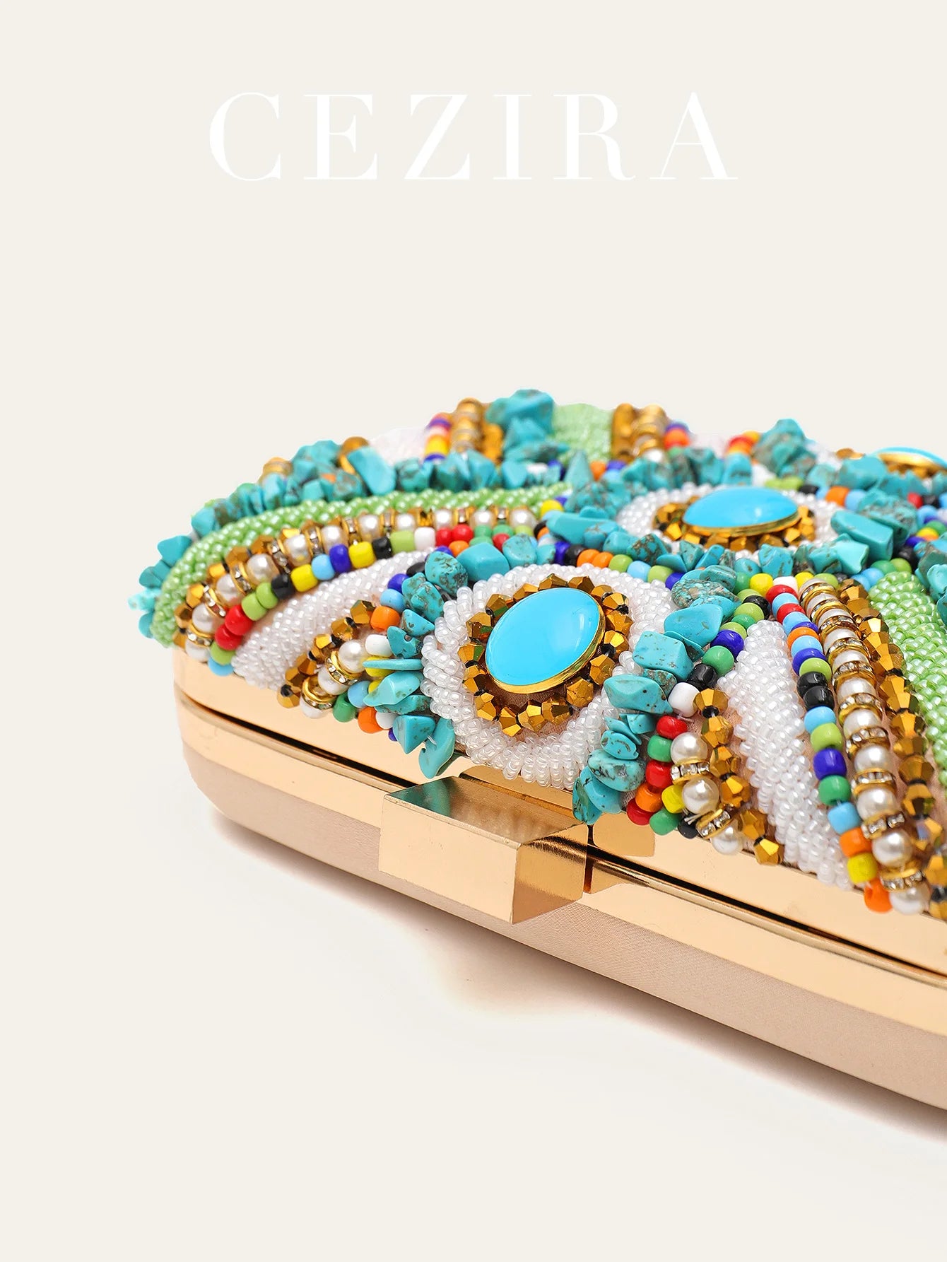 Women's Glamorous Luxury Colorful Beads Pearls Clutch Metal Frame Case Evening Bag Long Chain Purse Party Holiday Travel Tribal