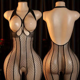 Lace Bra One-Piece Set Crotchless Lingerie Women's Curve Jumpsuit Hot Open Bras Body Stockings Halter Neck See-through Underwear
