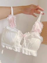MOYISU Kawaii Lolita Bra Set, Bunny Ear Cutout No Wire Bralette Soft Sweetheart Lingerie Small Bust Pure Sexy Japanese Ya Ma Die