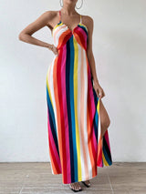 Women's Summer Ethnic Pattern Backless Split Thigh Dress Ladies Summer Clothes Boho Fashion Frill Trim Long Dress for Beach
