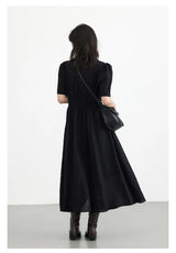 CHIC VEN Women Dresses French Style Vintage V-neck Puff Sleeve Long Dress Solid Black Loose Female Clothing Summer New 2023