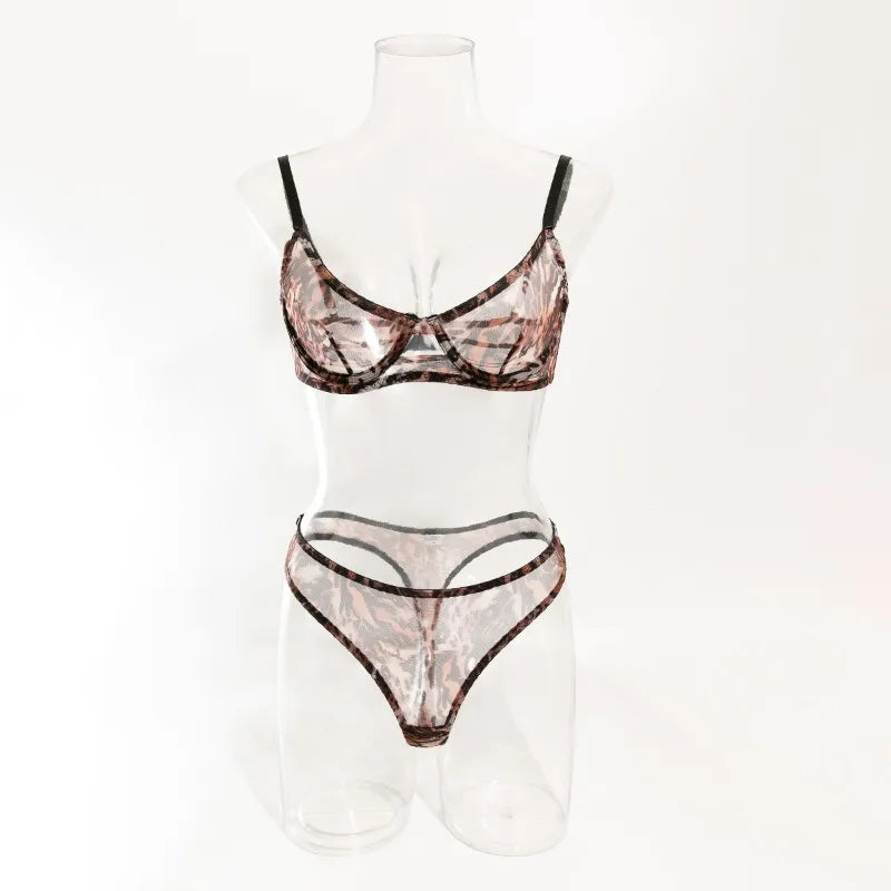 Toucheart 2-Piece Sexy Leopard Print Lingerie Set Bra Women Hollow Sexy Lingerie Thin Mesh Patchwork Print See-Through Sexy Set