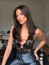 Women Lace Trim Bodysuit Sexy Woman Clotehs Sleeveless Deep V Neck Sheer Mesh Elegant Casual Party Top Spring Vacation Outfit