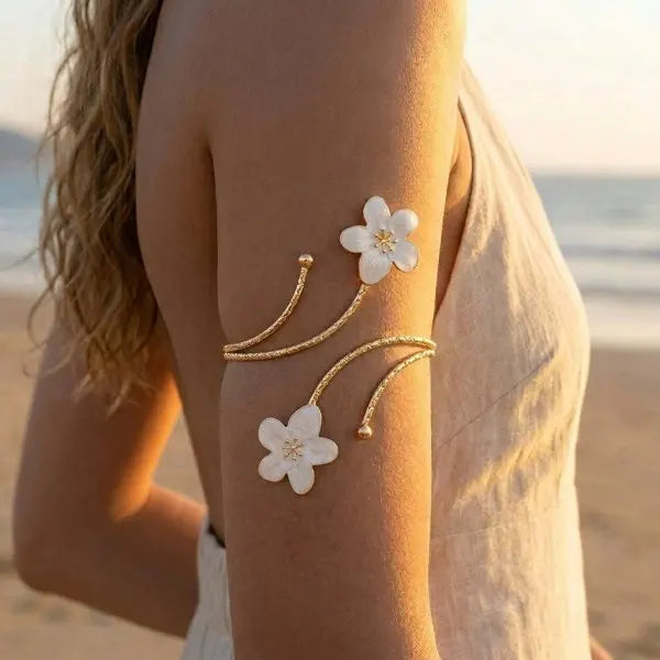 Bohemian Enamel Flower Cuff Bracelets for Women Fashion Gold Color Floral Upper Arm Open Bangle Beach Party Jewelry Gift