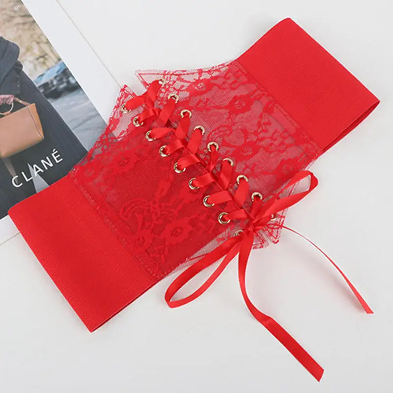 Fashion Women Waist Corset Flower Embroidery Elastic Waistband Black White Red Pink Wide Lace Slimming Body Belts Cummerbunds