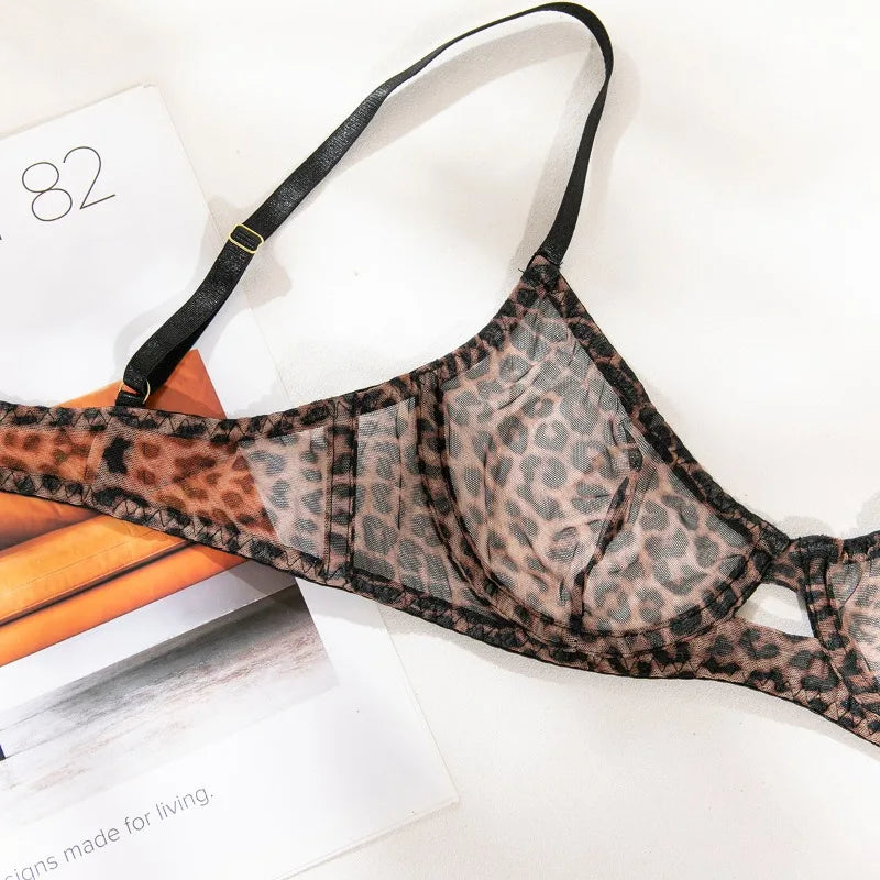Toucheart 2-Piece Sexy Leopard Print Lingerie Set Bra Women Hollow Sexy Lingerie Thin Mesh Patchwork Print See-Through Sexy Set