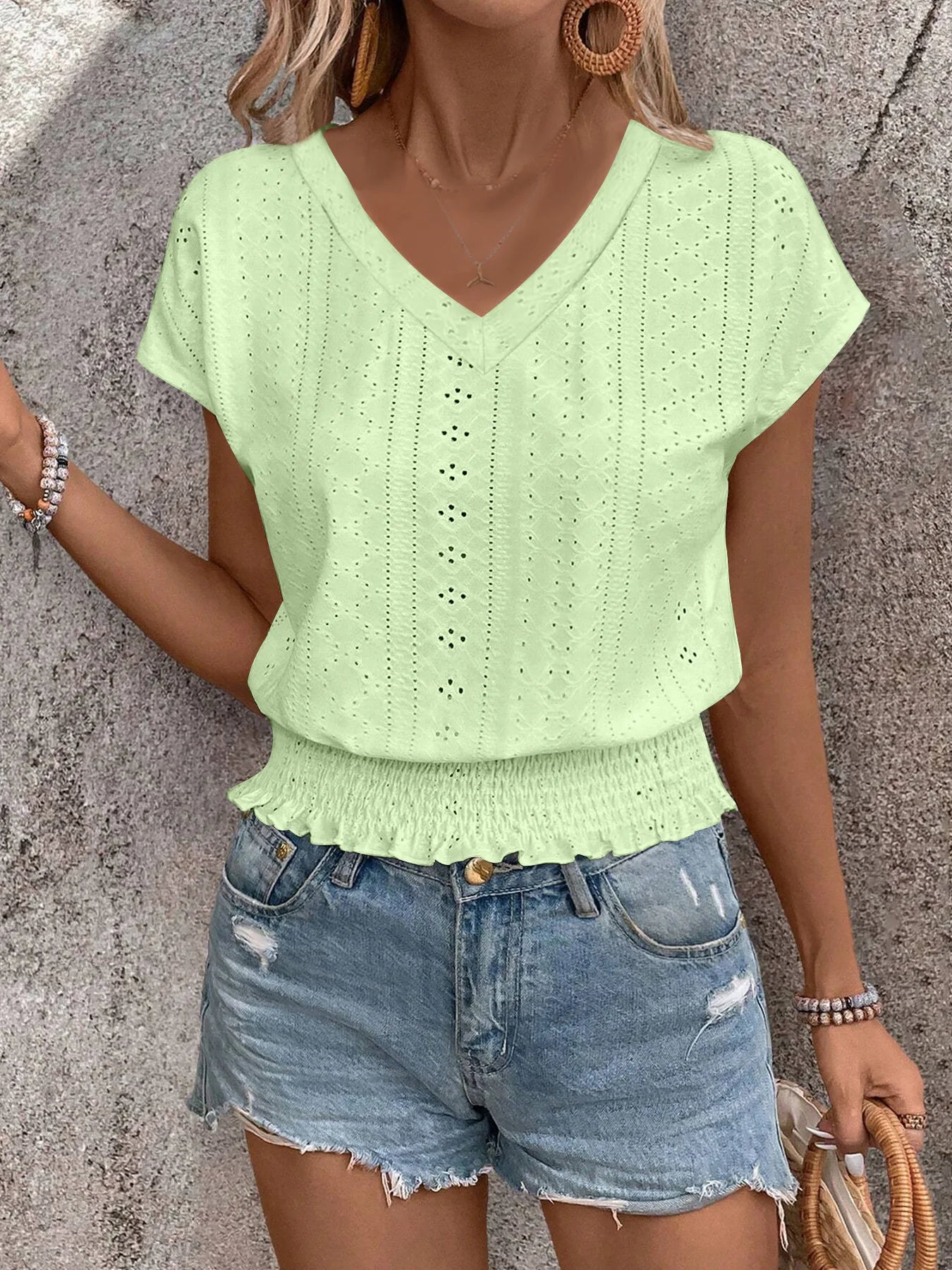 2025 Spring Summer New Fashion Blouses Solid V-Neck Jacquard Hollow-Out Smocking Short-Sleeve Shirts Fashion Casual Women's Tops