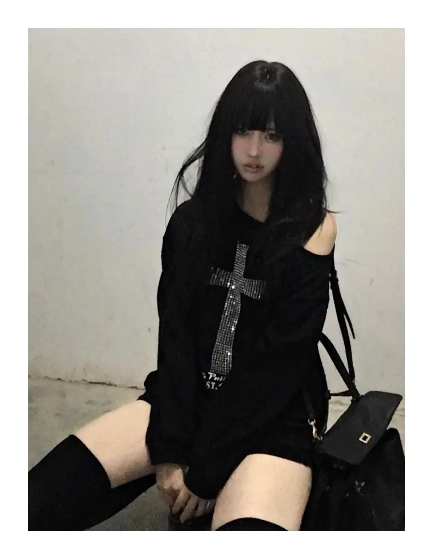 Seeslim Cross One-shoulder Graphic Hoodies Long Sleeve Black Women's Sweatshirts Harajuku Grunge 2000s Clothes Y2k Autumn Tops