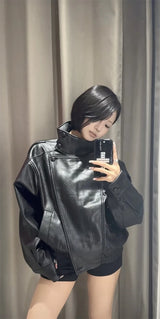 Women's Jacket 2026 Autunm  New Black Long Sleeve Pebble Faux Leather Jacket Motorcycle Style Personality Fashion