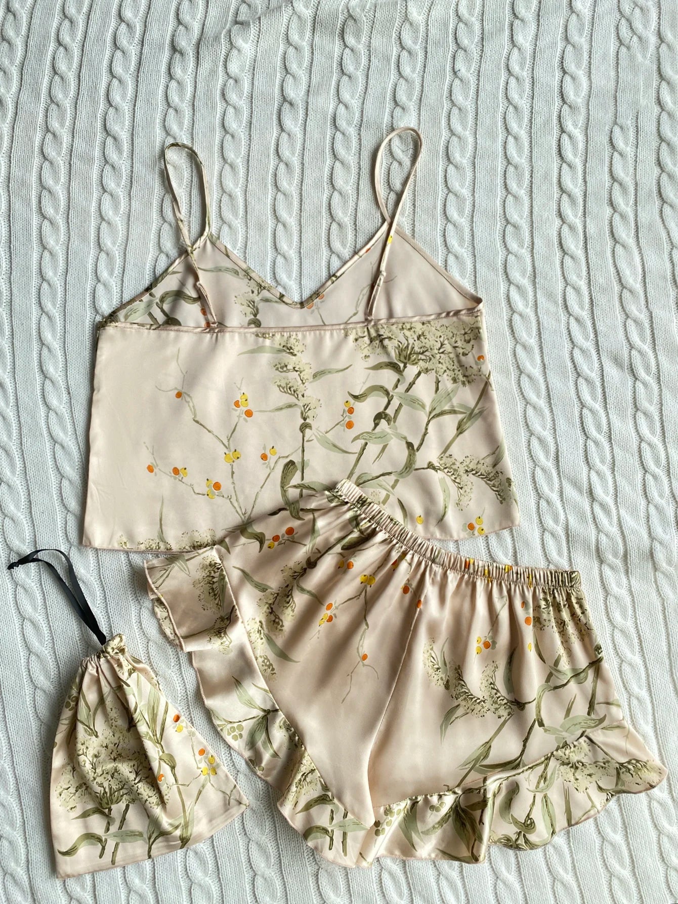 Elegant Floral Print Cami Tops Ruffle Hem Shorts Pajama Set  Women's Sleepwear Loungewear