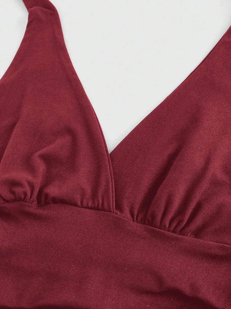 Solid V-neck Backless Halter Crop Top for Women Summer Sexy Y2K Sleeveless Ruched Top Streetwear