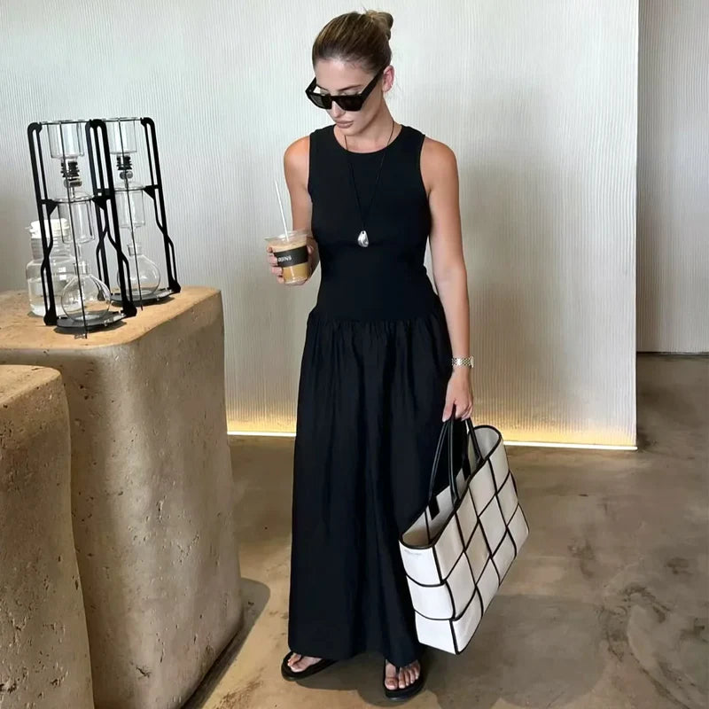 HXAO Women's Black Long Dresses 2025 Spring Sleeveless Elegant Dresses Fashion Casual Vintage Party Khaki Dresses Vestidos