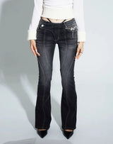 Karrram Vintage Distressed Low Waist Jeans Grunge Asymmetrical Waist Denim Pant Korean Fashion Black Flare Jeans Kpop Streetwear