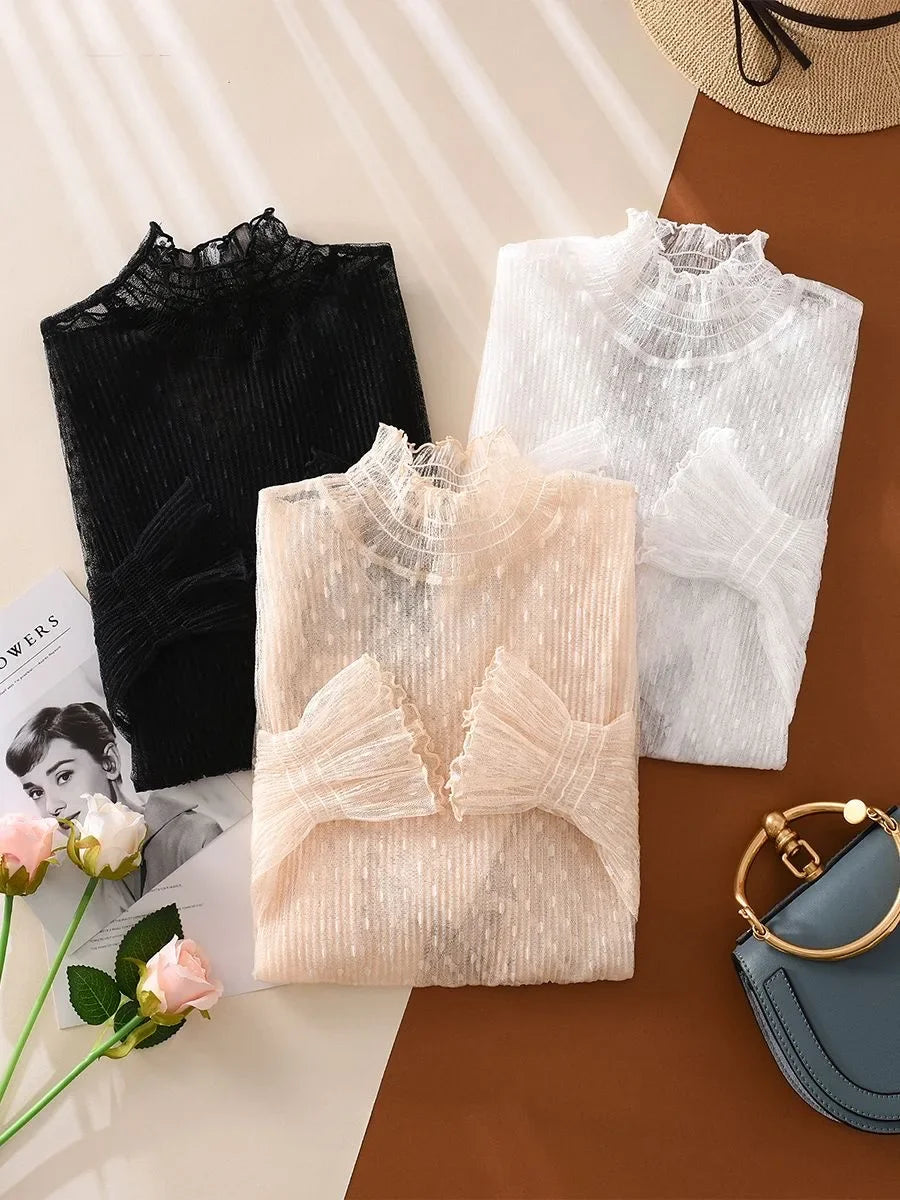 Women Elegant High Neck Polka Dot Blouse Mesh Lace Stitching Puff Long Sleeve Shirt Slim Fit Office Ladies Fashion Daily Tops