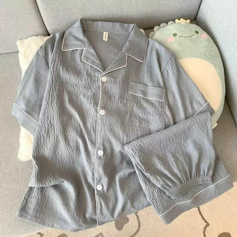 Youth Men's Slim Fit New Pajama Set Solid Color Short Sleeve Lapel Top and Elastic Shorts Pajamas Summer Loungewear Sleepwear
