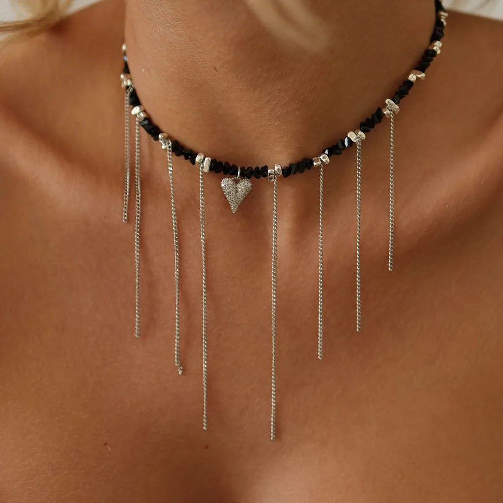 New Irregular Choker Vintage Tassels Zircon Heart Pendant Necklace For Women Female White Imitation Pearl Chain Valentine's Gift