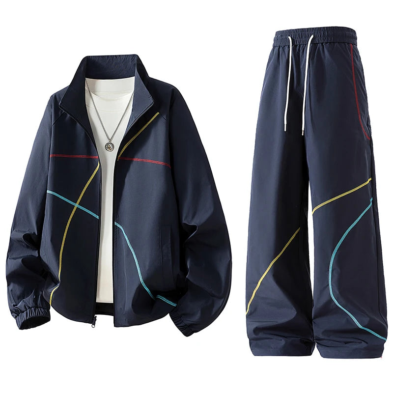 Unisex 2‑Pieces Tracksuit Set Color Contrast Stitching Stand Collar Zip‑Up Jacket Wide Leg Pants Windproof Outdoor Hiking Set
