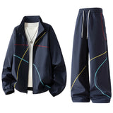 Unisex 2‑Pieces Tracksuit Set Color Contrast Stitching Stand Collar Zip‑Up Jacket Wide Leg Pants Windproof Outdoor Hiking Set