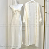 New Female Long Robe Nightgown Set Sexy Lace Trim Sleepwear Suspender Nightdress Spring Summer Casual Satin Home Dress Bathrobe