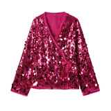 YENKYE New Autumn Women Sequin Kimono Jacket Coat Long Sleeve V Neck Female Casual Loose Outerwear Chic Lady Wrap Outfits