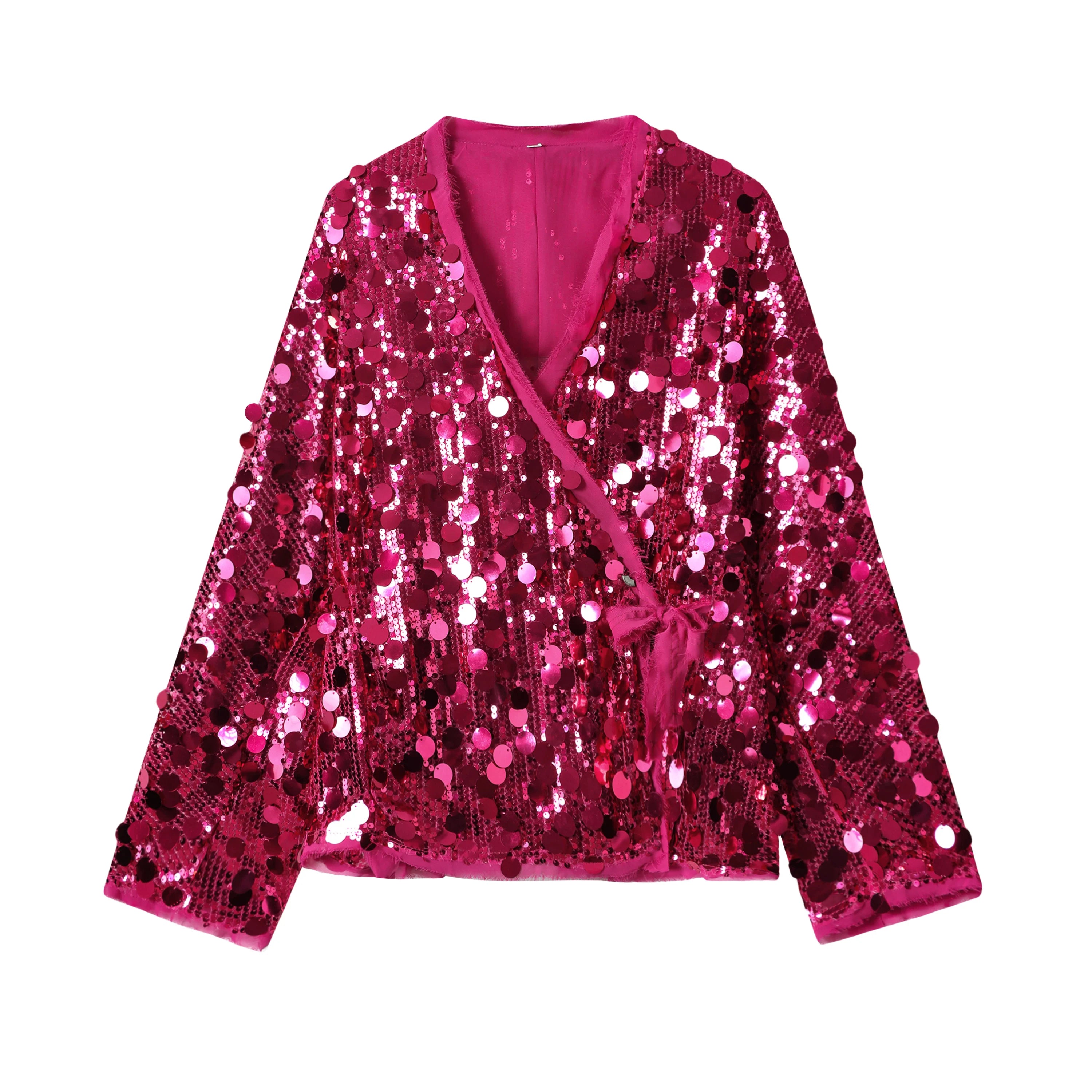 YENKYE New Autumn Women Sequin Kimono Jacket Coat Long Sleeve V Neck Female Casual Loose Outerwear Chic Lady Wrap Outfits