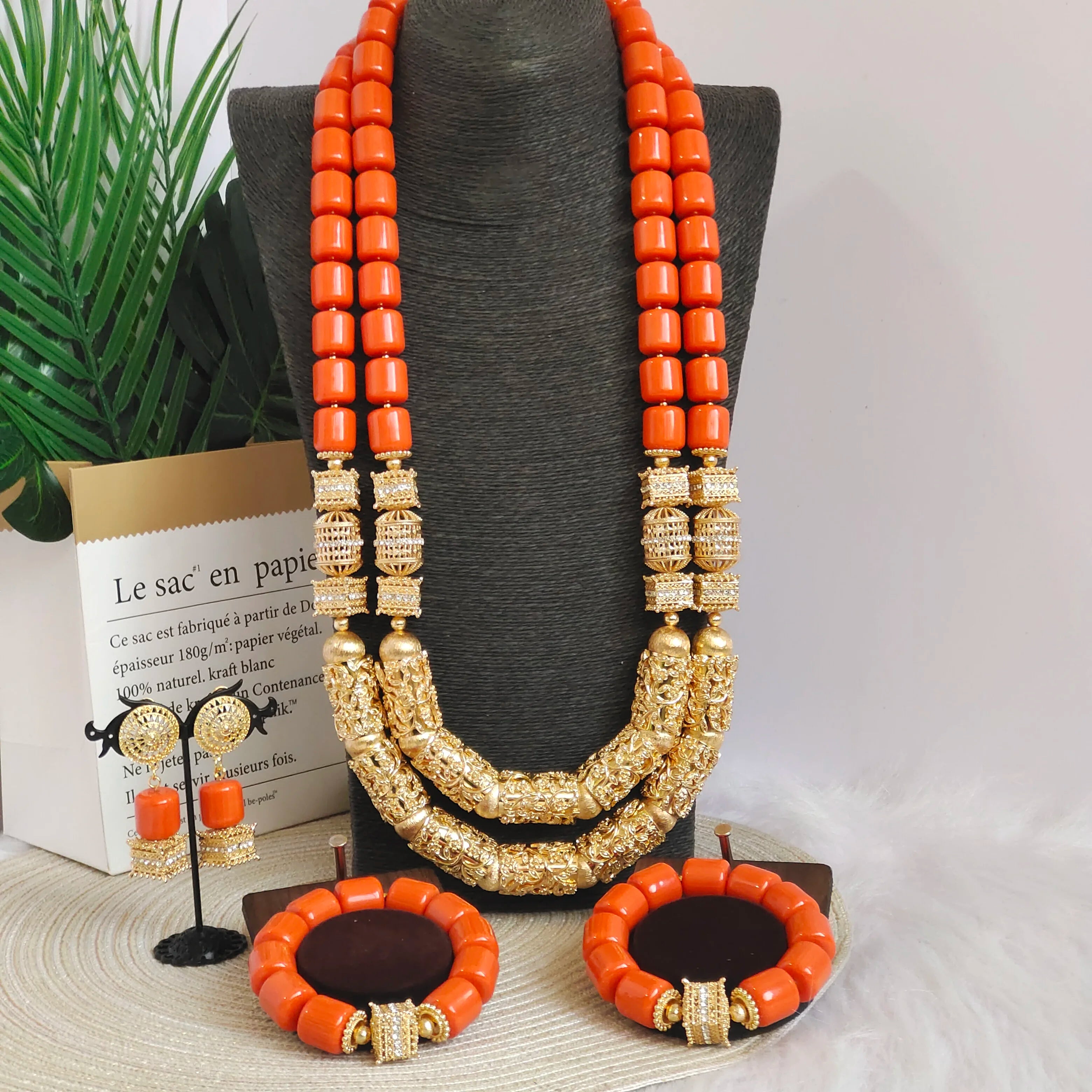 32inches 2Layers orange artifinal nigerian coral bead jewelry set wedding