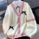 Casual Sweet Bow Cardigan Woman Autumn Winter Japanese Classic Preppy Style Knitted Coats Y2K Vintage Contrast Color V-Neck Tops
