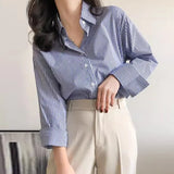 Classic Striped Woman Spring Autumn Blouses Shirt Lady Long Lantern Sleeve Stand Collar Loose Blusas Tops