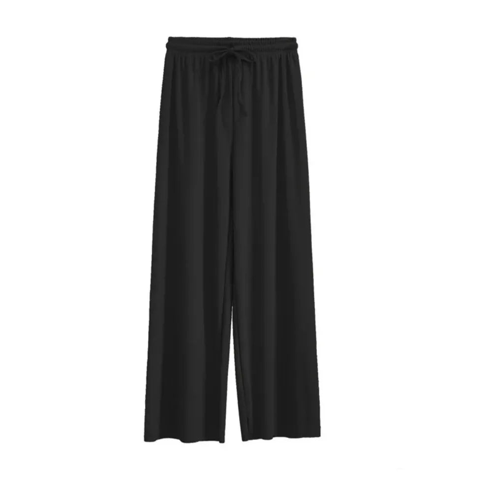2026 Women Ankle-Length Wide Leg Pants Casual Summer Solid Elastic Waist Loose Ice Silk Pants Spring Summer Female Trousers