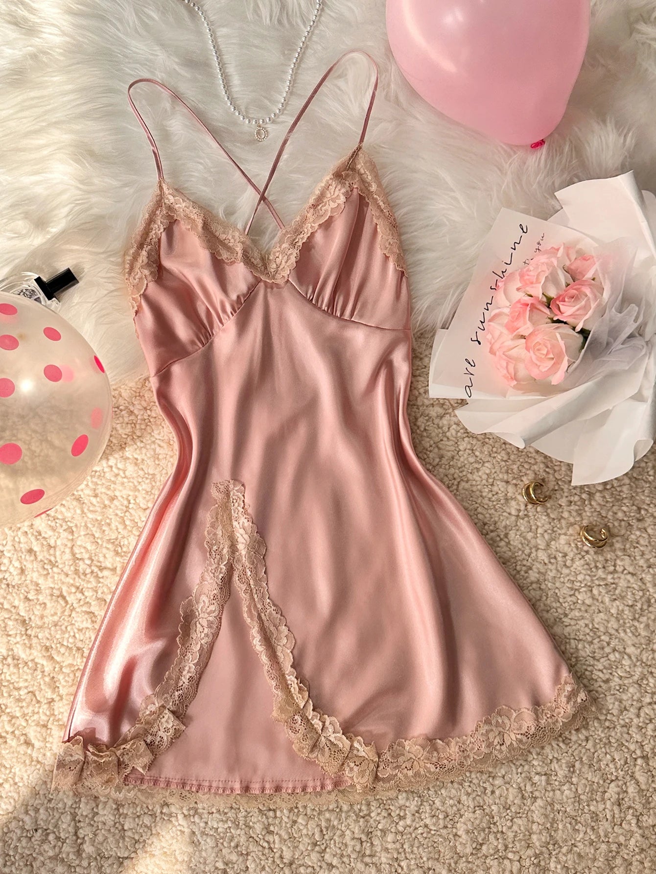 Women's Sexy Fashion V-Neck Sleep Dress Lace Trim Crisscross Back Nightgown Loungewear