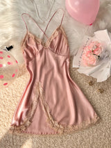 Women's Sexy Fashion V-Neck Sleep Dress Lace Trim Crisscross Back Nightgown Loungewear