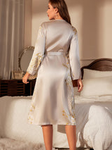 Cherry Print Belted Robe Sexy Satin Elegant Loungewear Four Seasons Breathable Sleepwear for Women