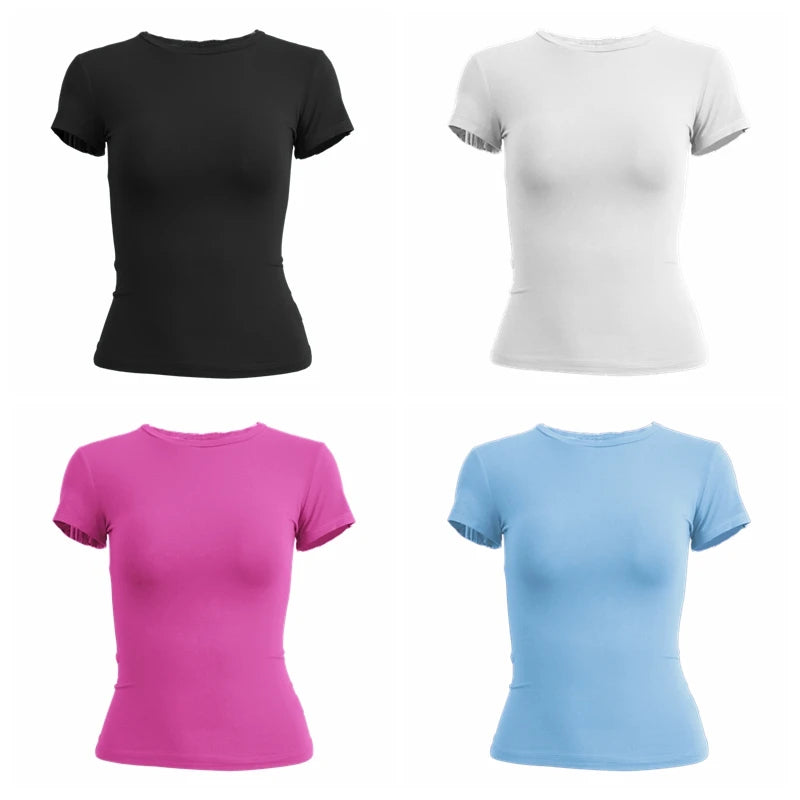 New Women Clothing Short Sleeve T-shirt Slim Fit Tops Y2K Female O-Neck Knitted Sheath Tee Shirt Street Wear Sex Sporty
