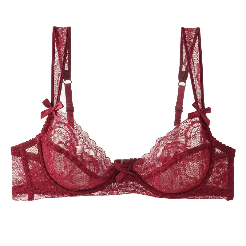 Sexy Ultra-thin Lace Bras Women's Push Up Summer Breathable Bra Hollow Out Gathered Underwear French Elegant Bow Underwire