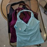 Women's Sexy V-Neck Fitness Bra Nude Sports Bra Hanging Neck Yoga Suit Vest Comfortable Breathable Gym Top for Active Wear