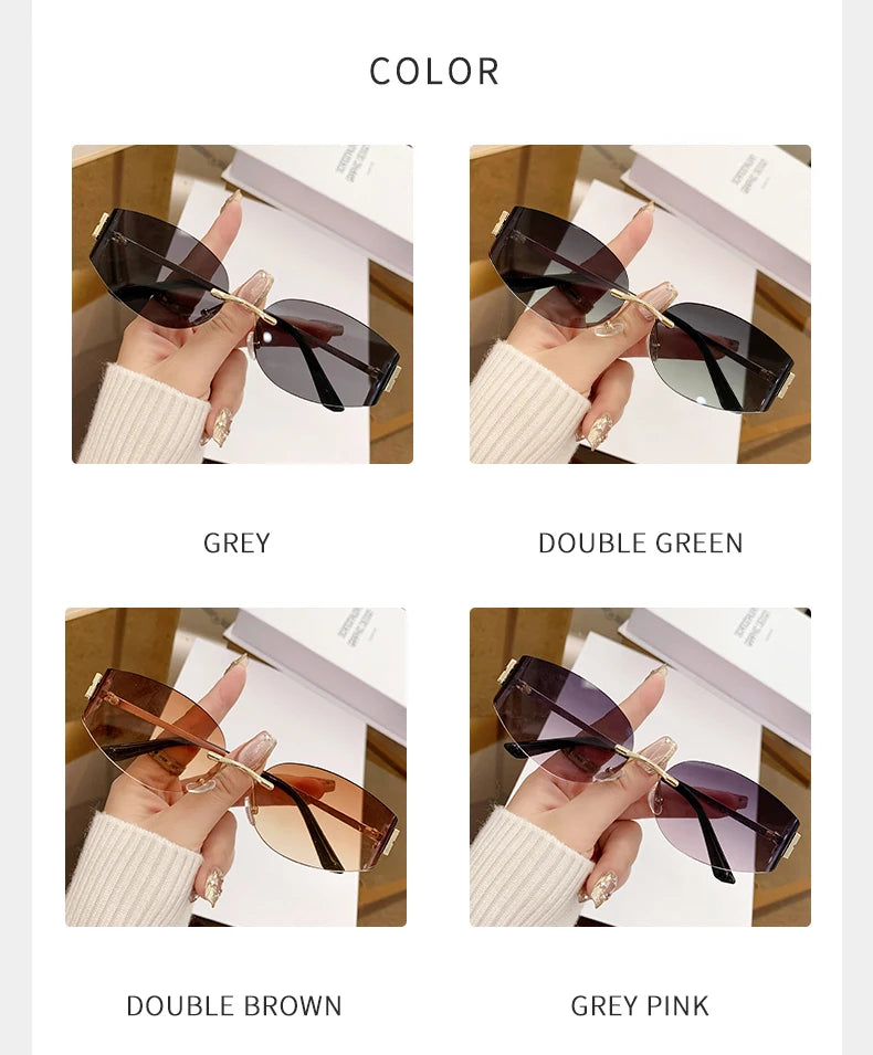 Rimless Oval Sunglasses Women UV400 Oversized Gradient Black Lenses Metal Frame Punk Decorative Glasses Men Goggles Female