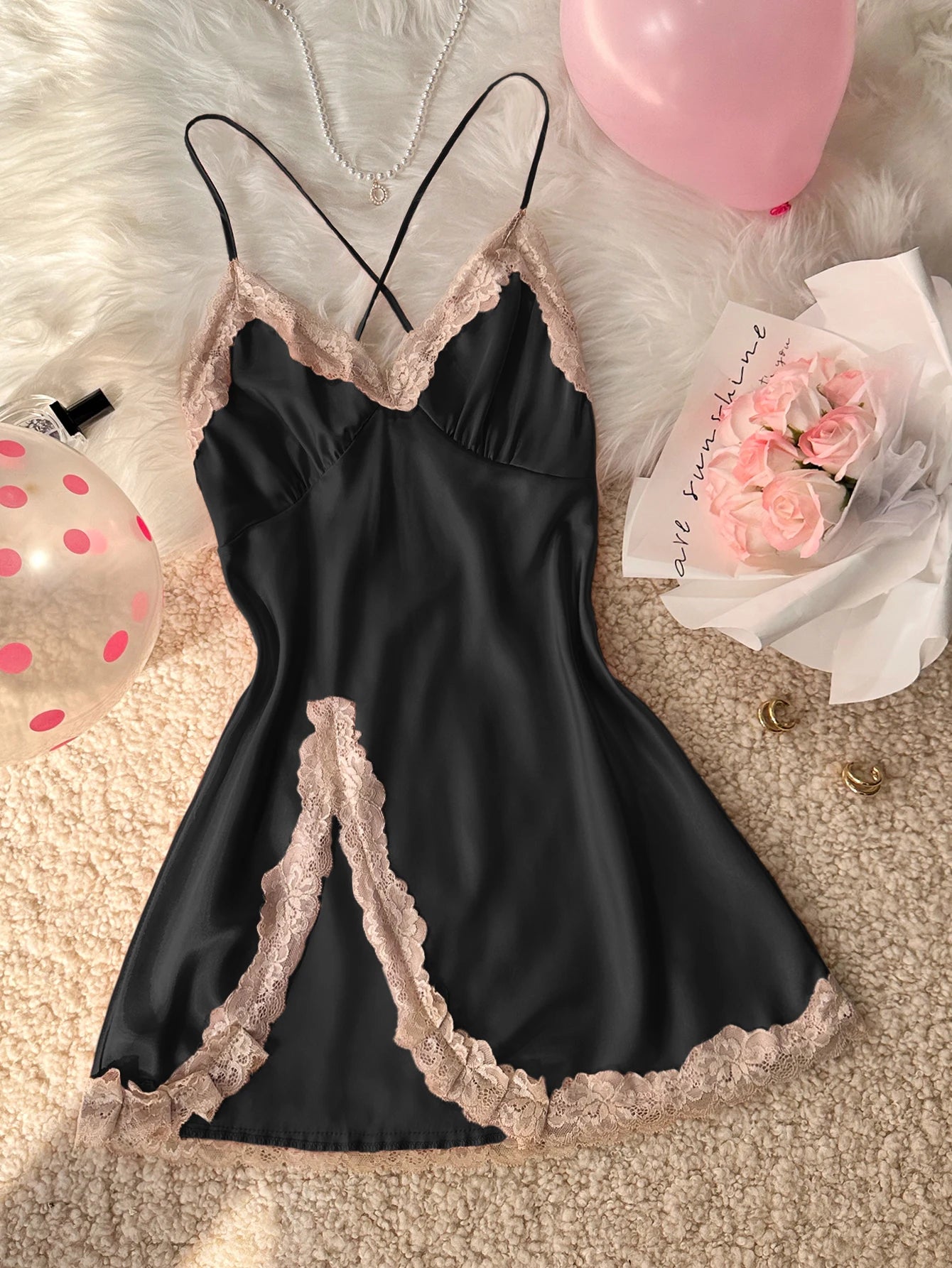Women's Sexy Fashion V-Neck Sleep Dress Lace Trim Crisscross Back Nightgown Loungewear