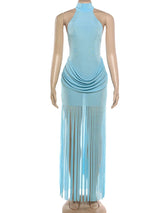 Sisterlinda Turtleneck Dress Women Halter Velvet Ruched Patchwork Tassel Hem Elegant Sexy Backless Valentine's Day Party Bodycon